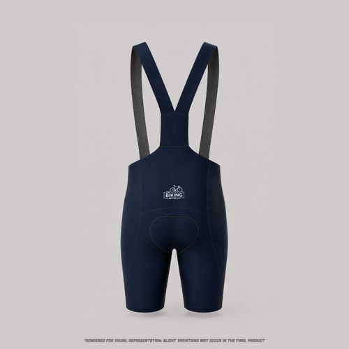 Navy blue cycling bib shorts with a logo on a light gray background