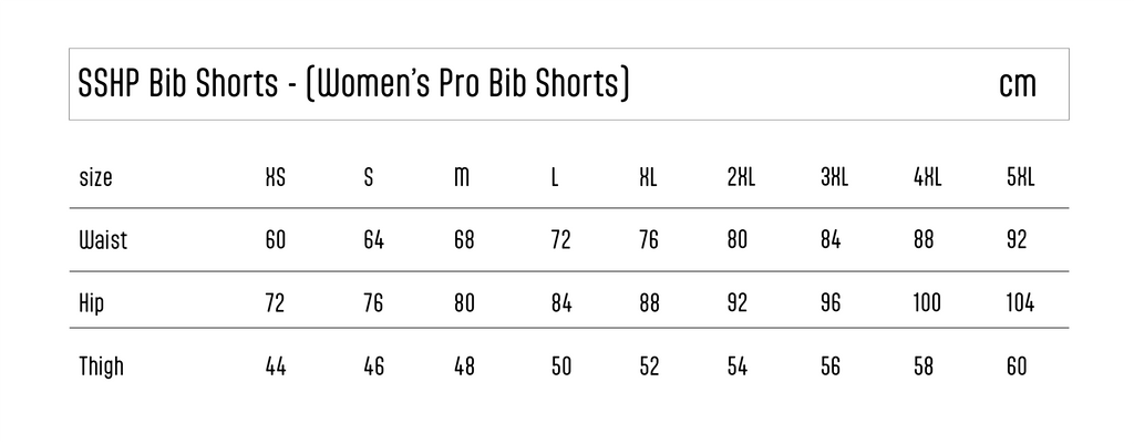 Measurement chart for Women's Pro Bib Shorts with size and measurement details.