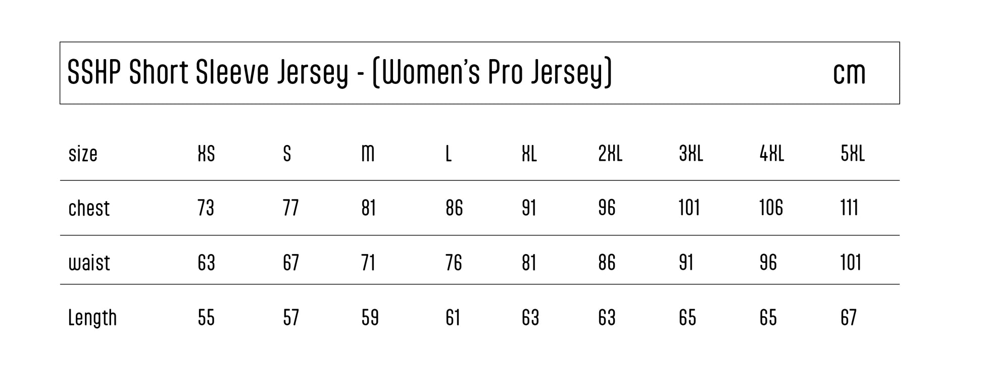Size chart for Women's Pro Jersey with measurements in centimeters.