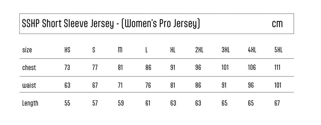 Size chart for Women's Pro Jersey with measurements in centimeters.